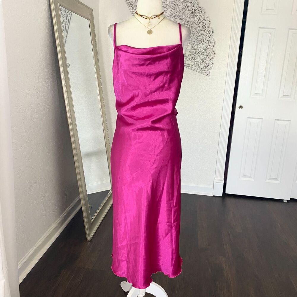 Vintage Bebe Made in USA Fuchsia Pink Satin Cowl Elegant Midi Dress S